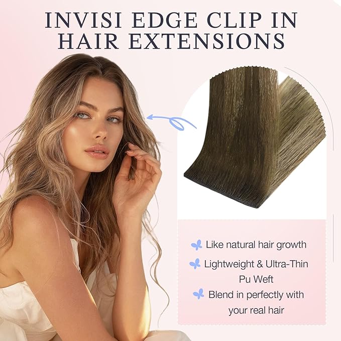 DOORES Invisi Edge Clip in Hair Extensions 20 inch 120g 7pcs, Virgin Real Human Hair PU Clip in Extension Invisible Seamless Thickening Hairstyle, 3/8/613 Walnut Brown to Ash Brown and Bleach Blonde