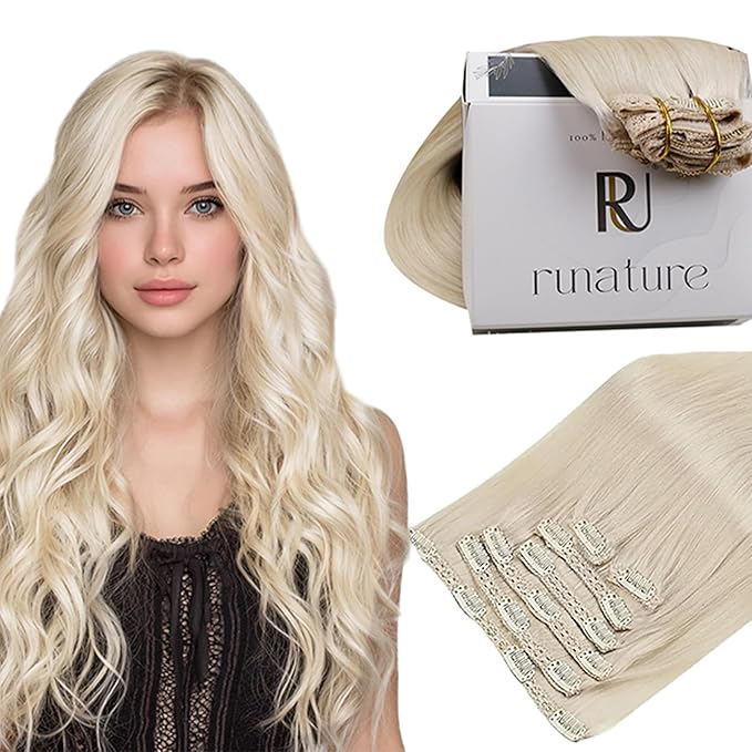 RUNATURE Human Hair Clip in Extensions, Platinum Blonde Clip in Hair Extensions Real Human Hair, Well Blended Soft Brazilian Remy Hair for Women, Short Hair Extensions 10 Inch 80g 7pcs #800
