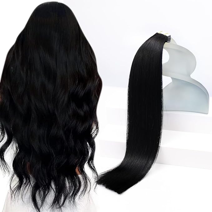 Sunny Hair Tape in Hair Extensions Human Hair 26inch Hair Extensions Real Human Hair Tape in Extensions for Women Jet Black Invisible Remy Hair Natural Straight Skin Weft Double Sided Tapes 20Pcs 50g