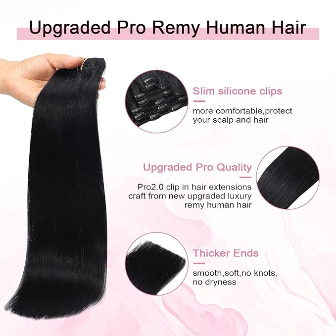 Pro2.0 Clip in Hair Extensions Real Human Hair 120g Thick 7pcs Color #1 Jet Black Remy Real Human Hair Extensions Clip ins 14inch Seamless Double Weft for Women（#1-14inch）