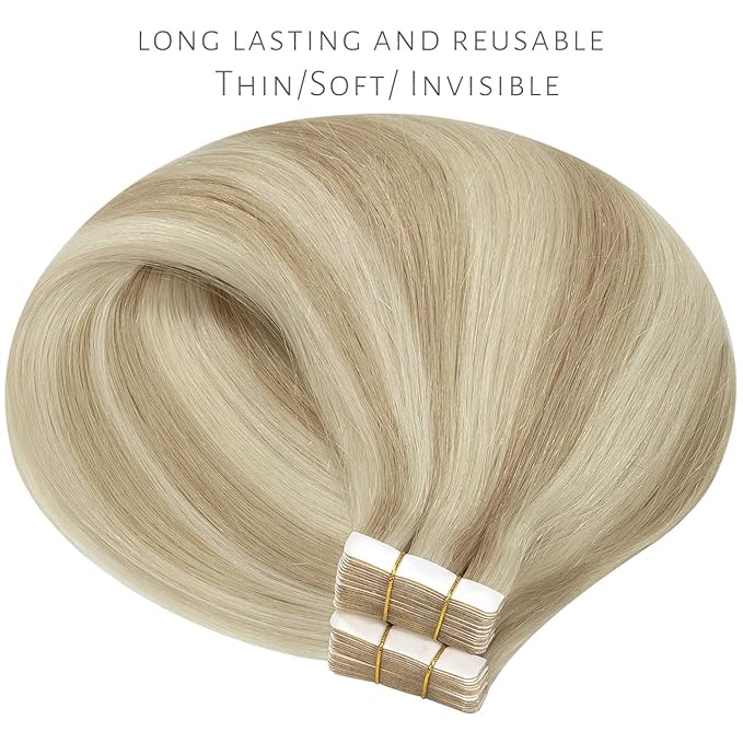 Lacer Hair Extensions Real Human Hair Tape in Silky Straight Ash Blonde to Light Blonde Tape in Extensions Human Hair 24 Inch 50G 20Pcs Tape Ins