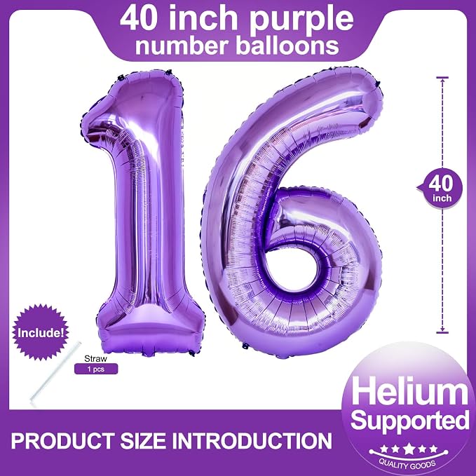 Number 16 Purple Balloons 40 Inch Giant Purple 16 Number Foil Helium Balloons - Image 2