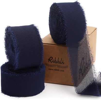 Ribbli Navy Ribbon 1 Inch x 3 Rolls Total 24 Yards Handmade Fringe Chiffon Silk by Ribbli