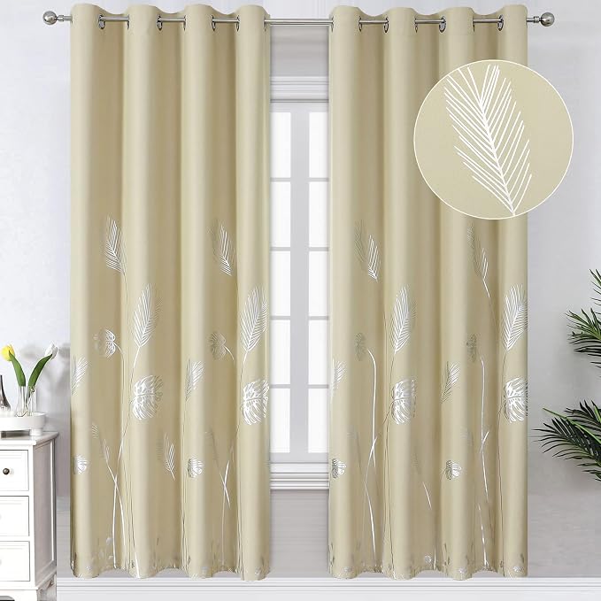 Beige and Silver Palm Tree Window Curtains by ESTELARTEXTILER