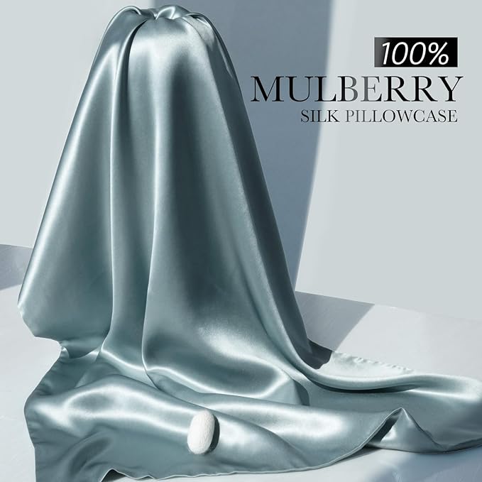 100% Mulberry Silk Pillowcase for Hair and Skin, 22 Momme Pure Natural Silk Pillow Case Both Sided with Zipper, Pillow Cover for Women Mom Men (Airy Blue, King 20''×36'', 1 Pack)