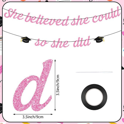 Hoogict She Believed She Could So She Did Pink Graduation Banner Decorations - Image 2