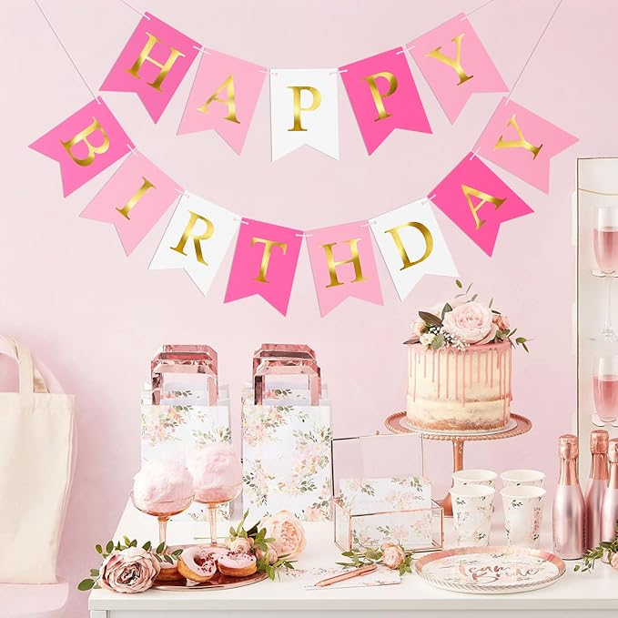 Pre-Strung Pink Happy Birthday Banner Birthday Party Banner NO DIY | Happy - Image 4