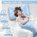 2 Pack 100% Pure Silk Pillowcase for Hair and Skin, Both Sides Mulberry Silk Pillowcases with Hidden Zipper, Cooling Pillowcase 19 Momme, 600 Thread Silk Pillow Cases Standard Size, Light Blue