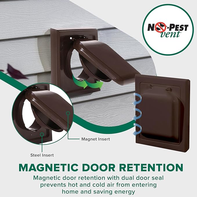 NO-PEST VENT, Exclusive Dual Door Dryer Vent Cover Outdoor 4 inch with Collar, Made in USA w Highest UV Resistant Plastic in any Outdoor Vent Cover (Brown, 4" Plastic WIth Collar)