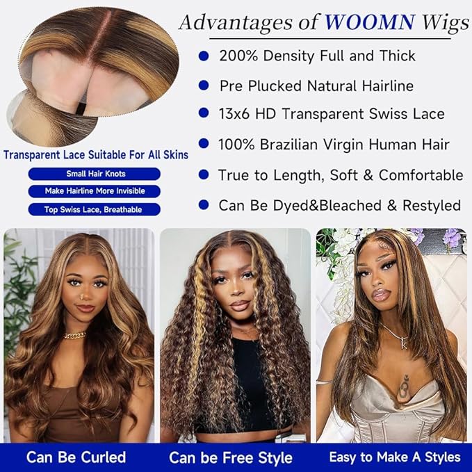 Ombre Lace Front Wig Human Hair 13x6 HD Lace Frontal Real Virgin Human Hair Wig 4/27 Colored Honey Blonde Straight Wigs Human Hair Pre Plucked Tangle-Free 200 Density 26 Inch