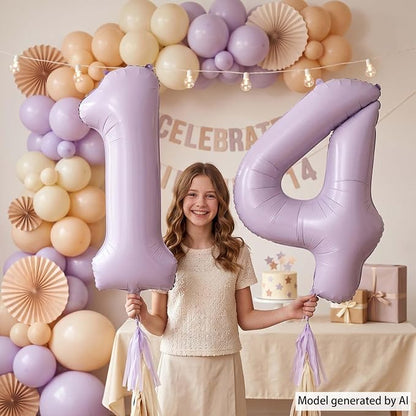 Cream Purple Number 14 Balloon 40 Inch, Foil Numeral Party Decor | Matte Pastel - Image 2