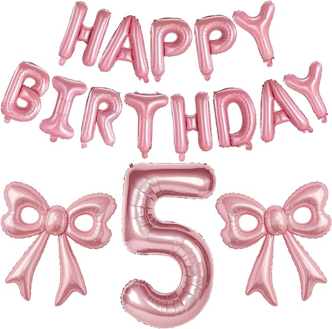 Bow Number 5 Birthday Balloons, Coquette Party Decorations Supplies by BSRESIN