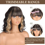 MISSQUEEN Black Blonde Wig with Bangs Short Highlights Curly Wig Heat Resistant Synthetic Fibre Wigs for Women Girls Daily Party Holiday Festival Chrismas Used