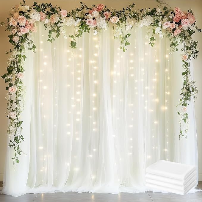Tulle Backdrop Curtains with Lights Sheer Ivory Curtain Backdrop 20x8ft | Tulle by Fomcet