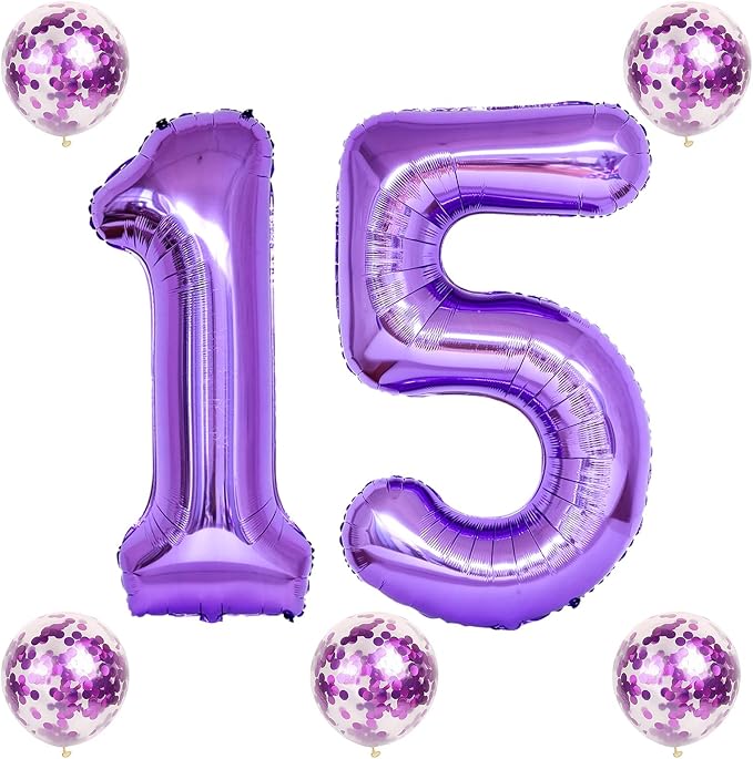 15th Birthday Balloons for Girls, 15 Inch Giant Purple Foil Number 15 Balloons - Image 8