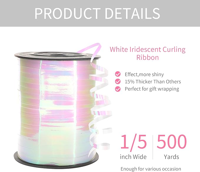 CHAQiWi 500 Yard Iridescent White Curling Ribbon, 1/5" Wide Holographic - Image 2