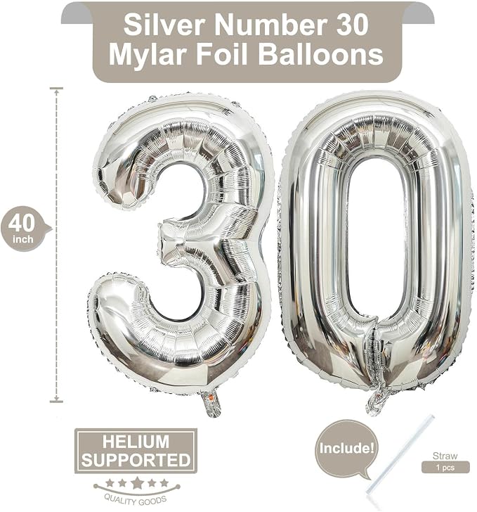 40 Inch Silver 30 Number Balloons Giant Jumbo Huge 30 Foil Mylar Helium Number - Image 2