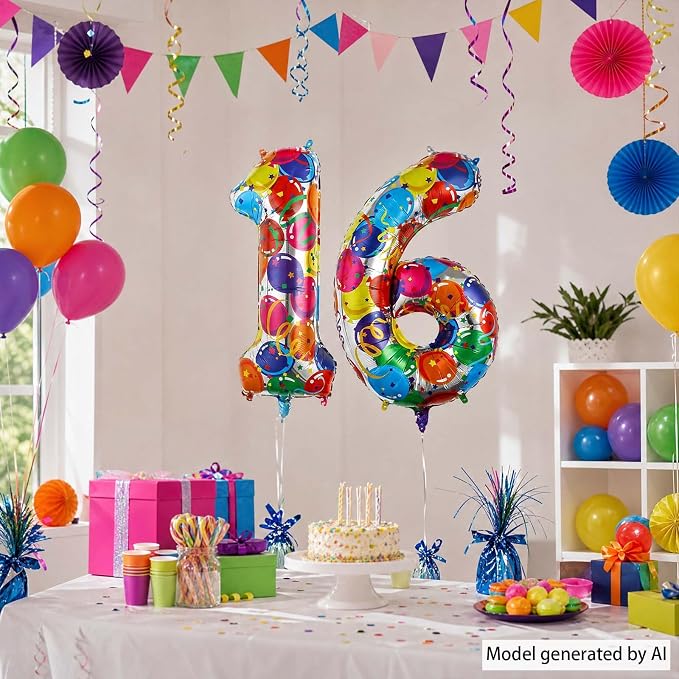 40 Inch Rainbow Balloon Number 16 Balloons, Foil Sweet Sixteen Decor | 40" - Image 3