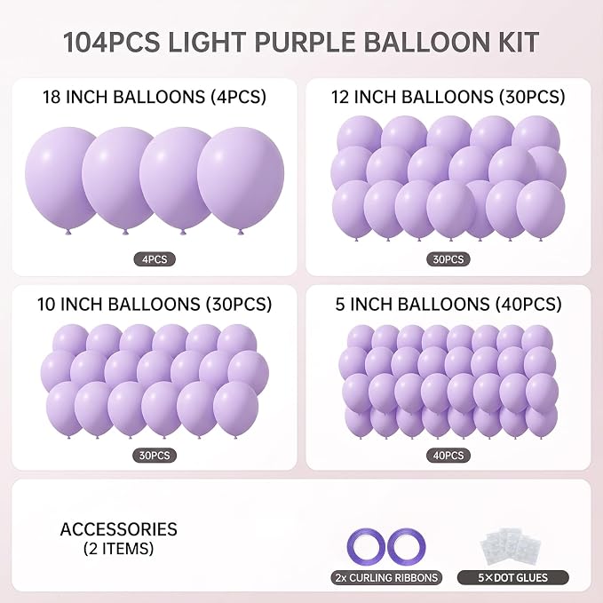 104pcs Pastel Purple Balloons Garland Arch Kit, 18 12 10 5 Inch | Macaron Light - Image 2