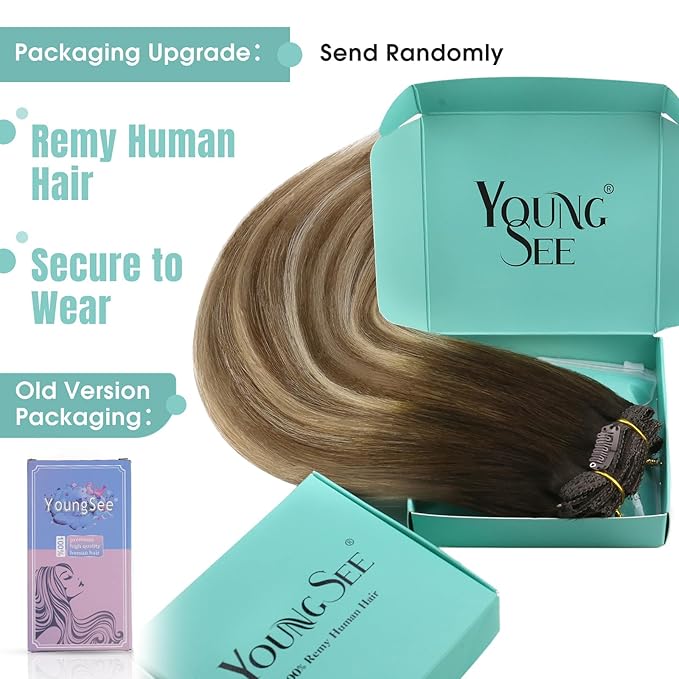 YoungSee Balayage Clip in Hair Extensions Real Human Hair Chocolate Brown Roots to Medium Brown with Blonde Ombre Clip in Extensions Human Hair Clip ins for Women 14inch 120g