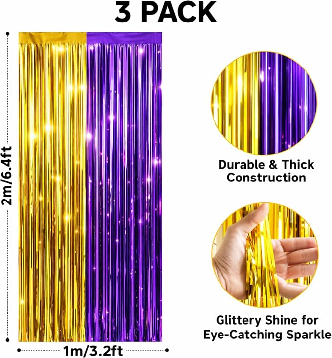 jijAcraft Purple Gold Tinsel Foil Fringe Curtain, 3 Pack 3.2x6.5 Feet - Image 2