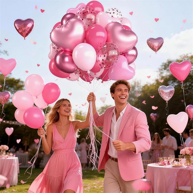 Pink Balloons, 12 Inch Metallic Hot Pink Magenta Pink Heart Balloons - Image 7