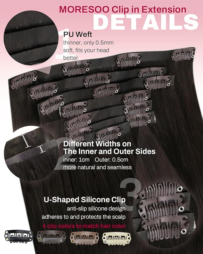Moresoo Seamless Clip ins Human Hair Dark Brown invisible Clip in Hair Extensions Human Hair Brown 120g/7pcs 16 inch