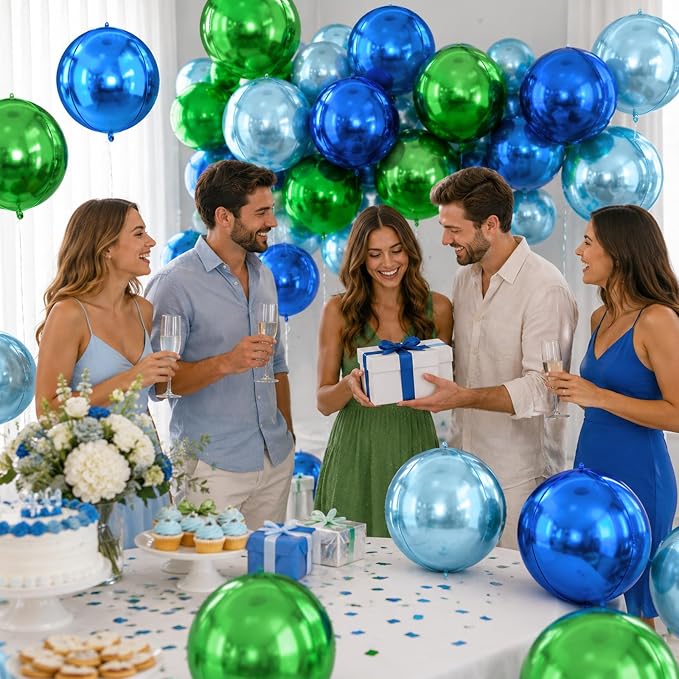 Blue and Green Round Foil Balloons, Metallic Light Blue and Green Foil Baloon - Image 7