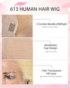 613 13x6 Lace Front Wig Human Hair Straight Blonde Wig Human Hair 613 HD Lace Frontal Wigs 180 Density No Synthetic Blend No Tangle No Shedding Triple Lifespan 3X 100% Real Human Hair 24 Inch