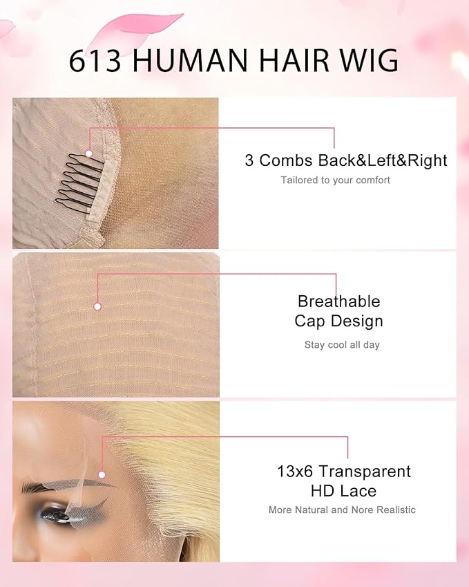 613 13x6 Lace Front Wig Human Hair Straight Blonde Wig Human Hair 613 HD Lace Frontal Wigs 180 Density No Synthetic Blend No Tangle No Shedding Triple Lifespan 3X 100% Real Human Hair 24 Inch