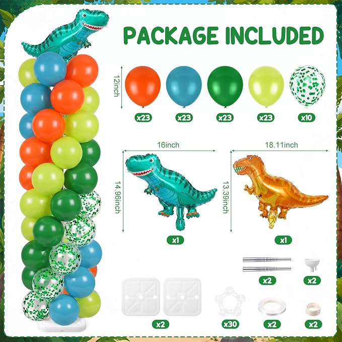 Skylety 2 Sets Dinosaur Balloon Column Stand Kit Adjustable Dino Green Orange - Image 2
