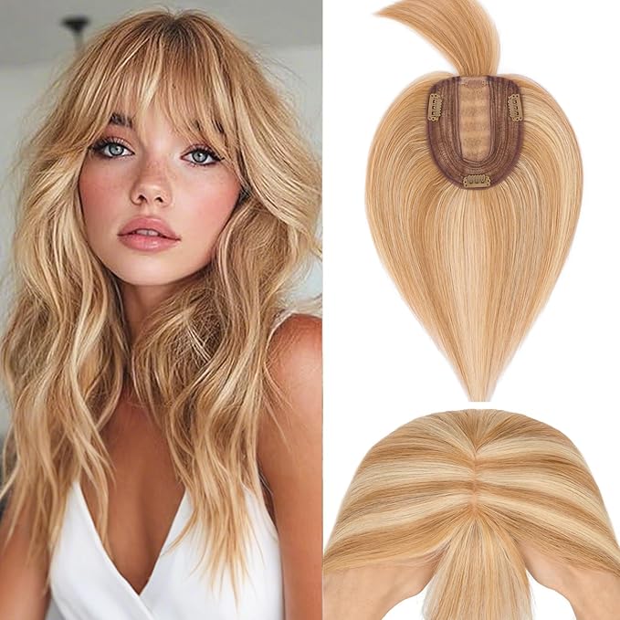 Rich Choices Real Human Hair Toppers for Women With Bang 100% Remy Human Hair Topper for Thinning Hair Clip in Silk Base Hair Topper 12 Inch #12P613 Golden Brown Mix Bleach Blonde