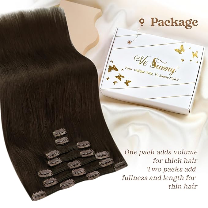 Ve Sunny Clip in Hair Extensions Real Human Hair Dark Brown Hair Extensions Clip ins 14Inch Human Hair Clip in Extensions 100g