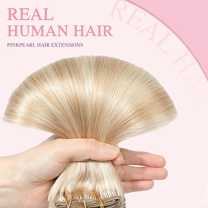 PINKPEARL Clip in Hair Extensions #27P60 Caramel Blonde Highlighted Platinum Blonde 120g 7pcs 14 Inch Clip in Hair Extensions Real Human Hair Hair Extension Clip Ins(#27P60-14)