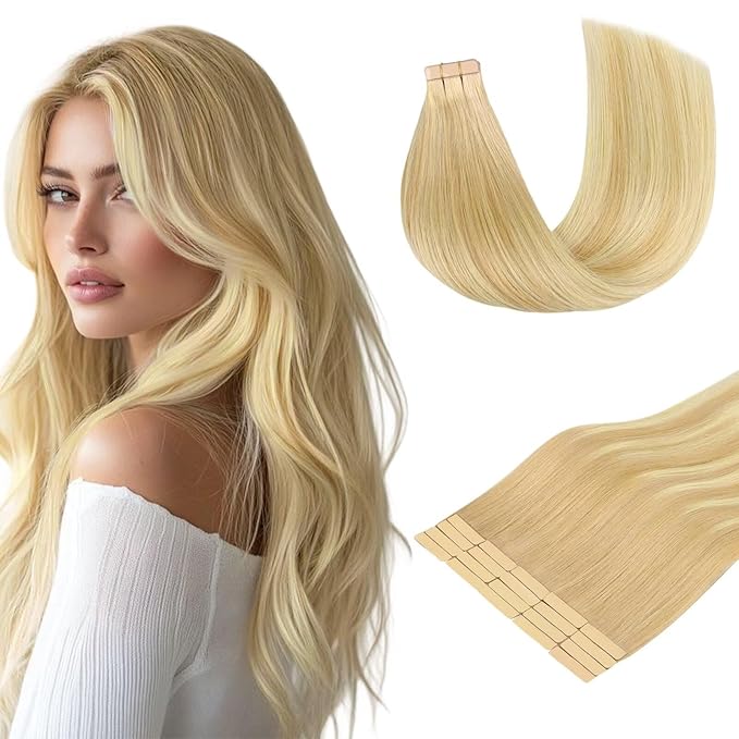 DOORES Tape in Hair Extensions, Drity Blonde Mixed Platinum Blonde 20pcs 50g 24 Inch, Seamless Straight Real Human Hair