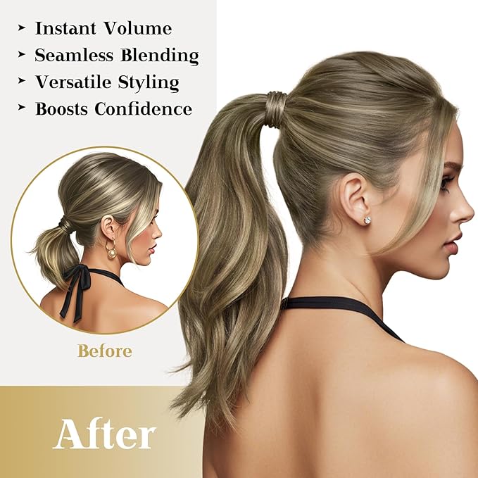 Ve Sunny Hair Extensions Ponytail Real Human Hair Wrap Around Clip in Ponytail Hair Extensions Straight Extensions Human Hair for Women Walnut Brown Ombre Light Brown Balayage Blonde 18inch 80G