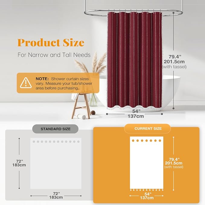 54x78 Boho Farmhouse Linen Heavy Duty Shower Curtain Set, Burgundy | Narrow - Image 3