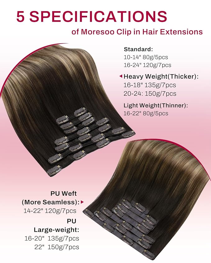 Moresoo Real Hair Extensions Clip in Human Hair Balayage Dark Brown to Ash Blonde with Dark Blonde Ombre Human Hair Clip in Extensions Double Weft 7pcs/150g 24inch