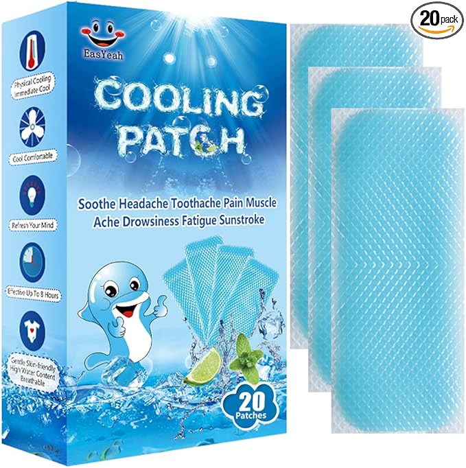 20 Sheets Cooling Patches for Fever Discomfort & Pain Relief, Cooling Relief Fever Reducer, Soothe Headache Pain, Pack of 20 Blue