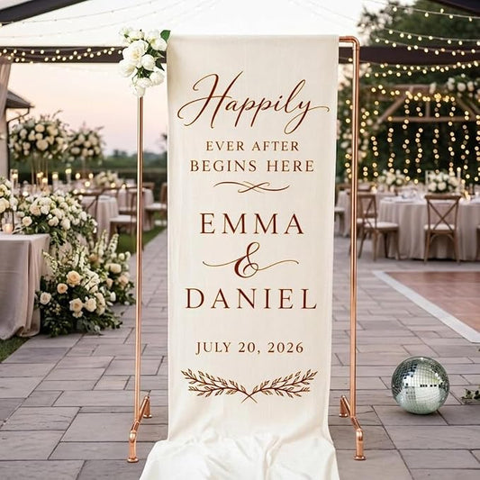 Personalized Wedding Welcome Banner Linen – Custom Names & Date, Elegant Fabric by Custom