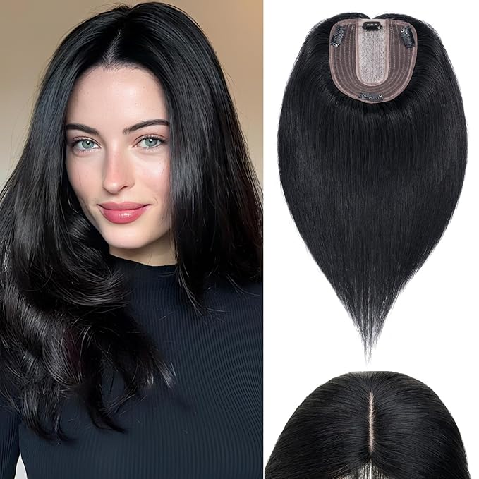 Rich Choices Hair Toppers for Women Real Human Hair 100% Human Remy Toppers NO Bangs for Women with Thinning on Top Clip in Hairpiece 4"x4.7"Lace Base 10 Inch #1 Jet Black
