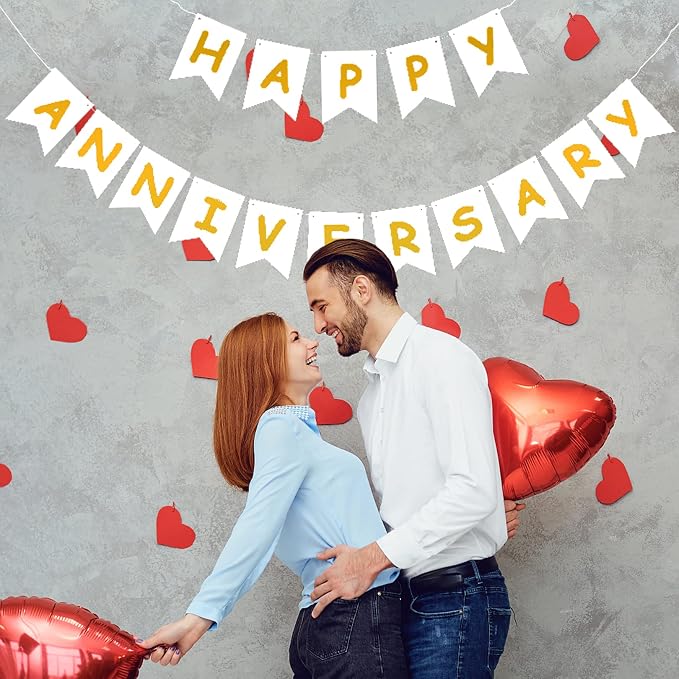White Happy Anniversary Banner, Party Supplies - Image 3