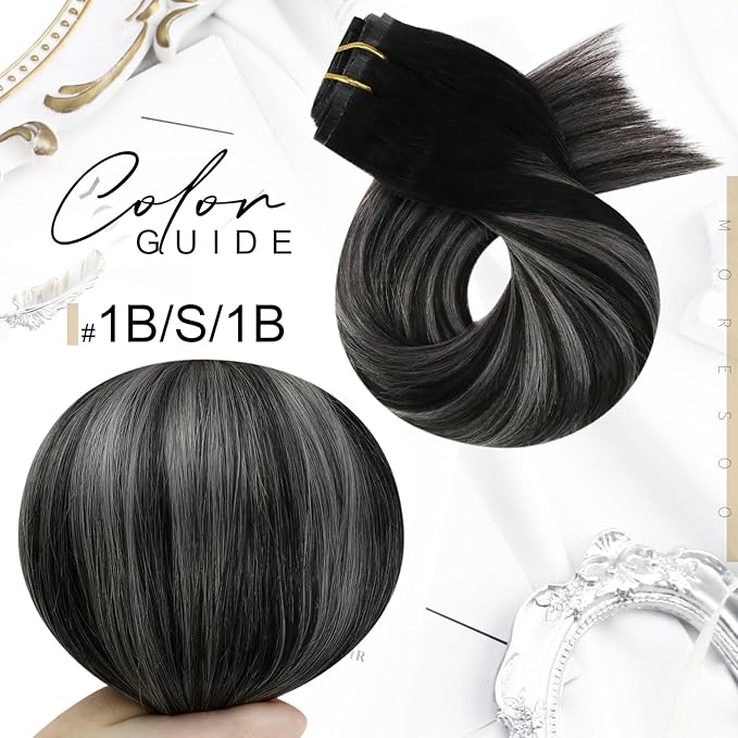 Moresoo Invisible Clip in Hair Extensions Silver Black Balayage Human Hair Clip in Extensions Black to Silver Grey Ombre Hair Extensions Clip in 18in 7pcs 120g