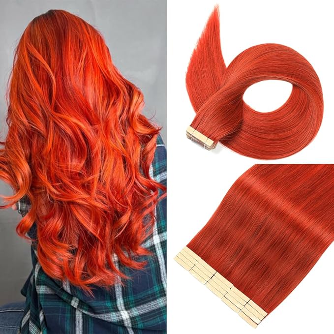 Tape in Hair Extensions Human Hair 16 Inch 20pcs Invisible Tape ins Hair Extensions Real Human Hair Copper Red Remy Seamless Injected Tape Extensions