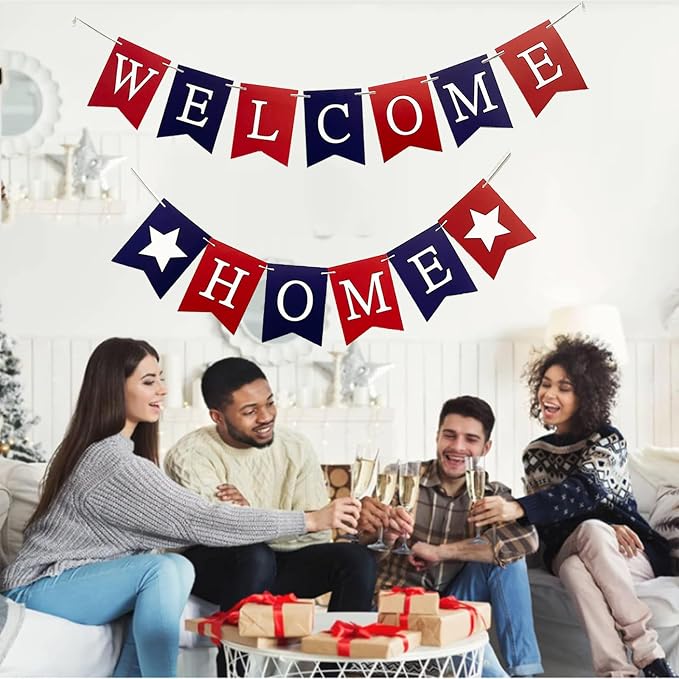 Welcome Home Banner Decorations Glitter Red Blue Bunting Backdrop - Image 3