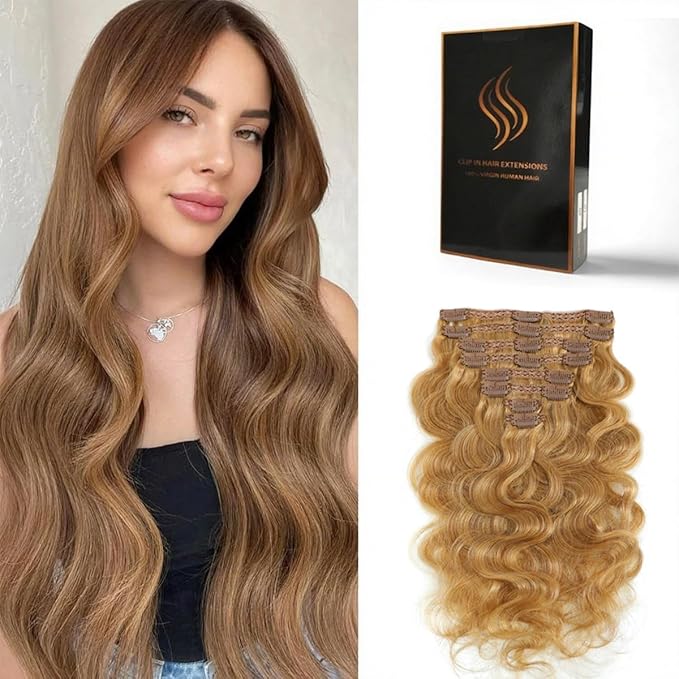 Clip in Hair Extensions Real Human Hair Body Wave 27 Honey Blonde Clip in 100% Brazilian Remy Human Hair Extensions 8pcs Per Set with 18 Clips Double Weft 18 Inch 100g/3.6oz