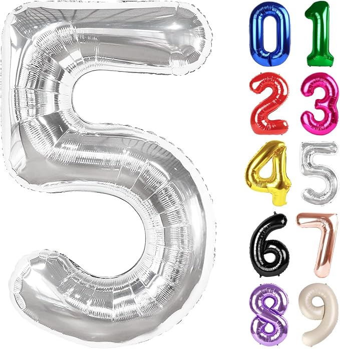 5 Balloon - Silver Birthday Number Balloons, 40 Inch Decorations Men Women | by ALPHADELTAPI