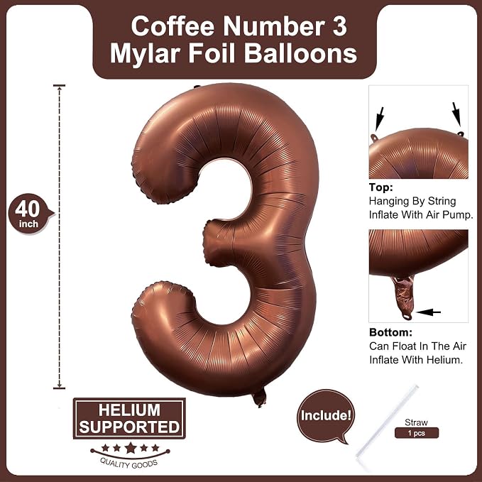 40 Inch Coffee Brown Number 3 Balloon Large Size Jumbo Digit Mylar Foil Retro - Image 2