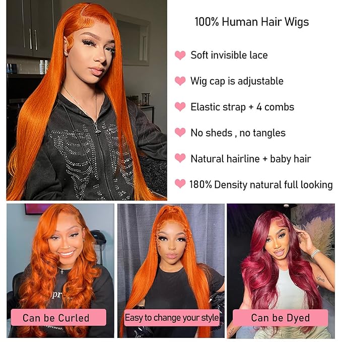 28inch Ginger Wig Human Hair 13X4 180% Density Ginger Orange Lace Front Wigs Human Hair 350 Colored Straight HD Transparent Lace Frontal Wigs Human Hair Pre Plucked With Baby hair