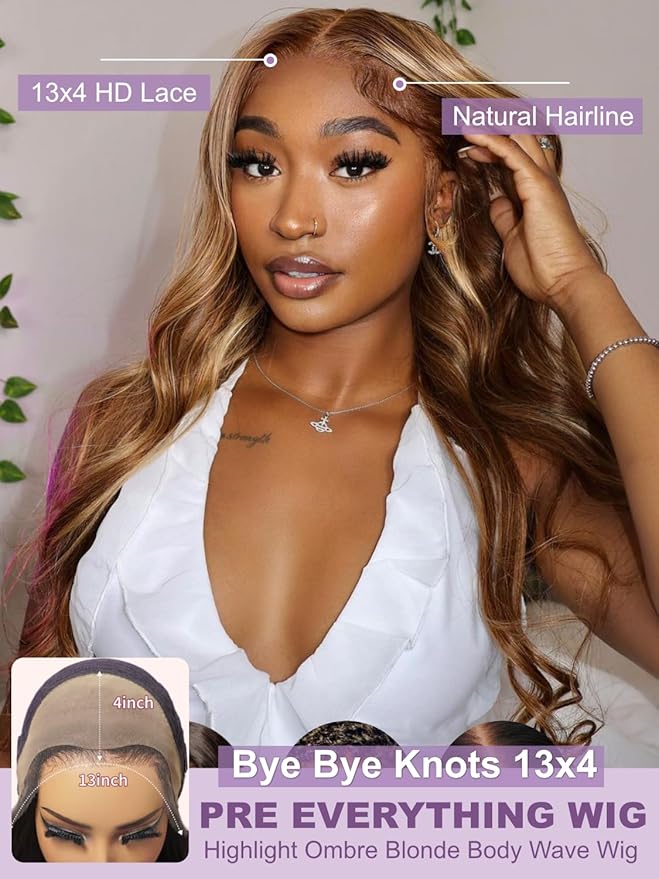 YIROO Pre Everything Wig Honey Blonde 13X4 Pre Cut Lace Front Glueless Human Hair Wigs Body Wave Brown Blonde Highlight Ombre Pre Bleached Invisible Bye Bye Knots Wig Pre Plucked 150% Density 18Inch